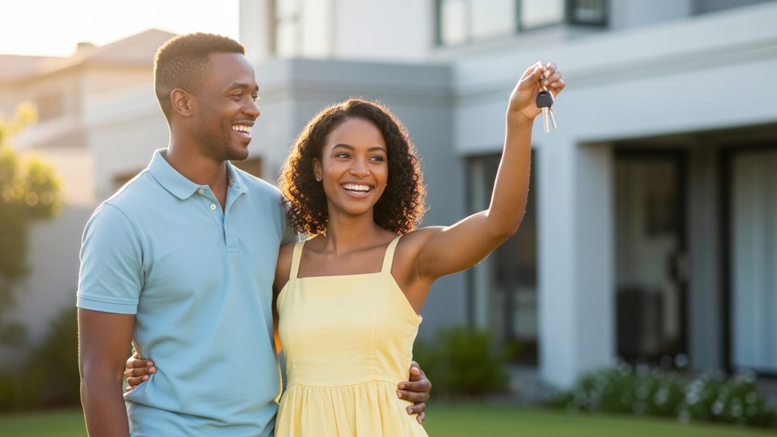 Happy South African homeowners holding keys after a successful property transfer